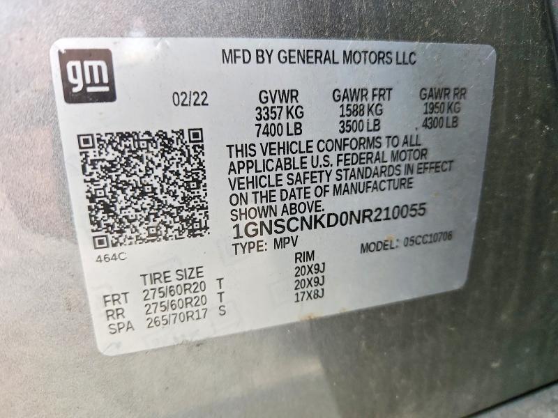 2022 Chevrolet Tahoe მანქანა იყიდება აუქციონზე, vin: 1GNSCNKD0NR210055, აუქციონის ნომერი: 61150926