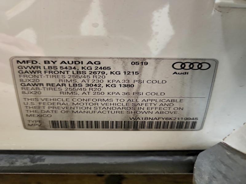 59217396 :رقم المزاد ، WA1BNAFY6K2119945 vin ، 2019 Audi Q5 مزاد بيع