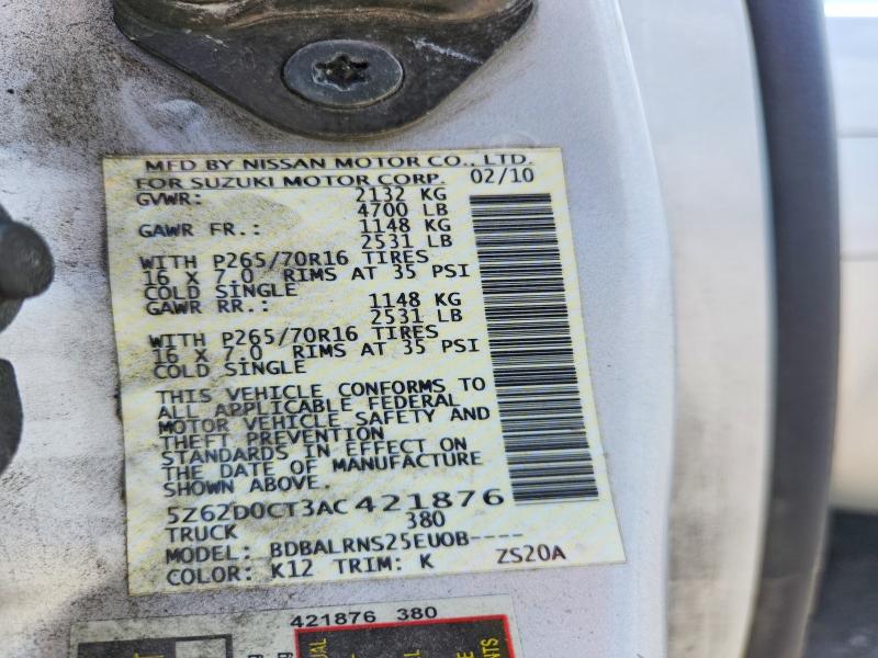 2010 Suzuki Equator მანქანა იყიდება აუქციონზე, vin: 5Z62D0CT3AC421876, აუქციონის ნომერი: 60444876