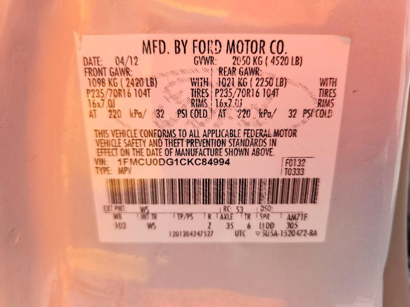 2012 Ford Escape მანქანა იყიდება აუქციონზე, vin: 1FMCU0DG1CKC84994, აუქციონის ნომერი: 61157156