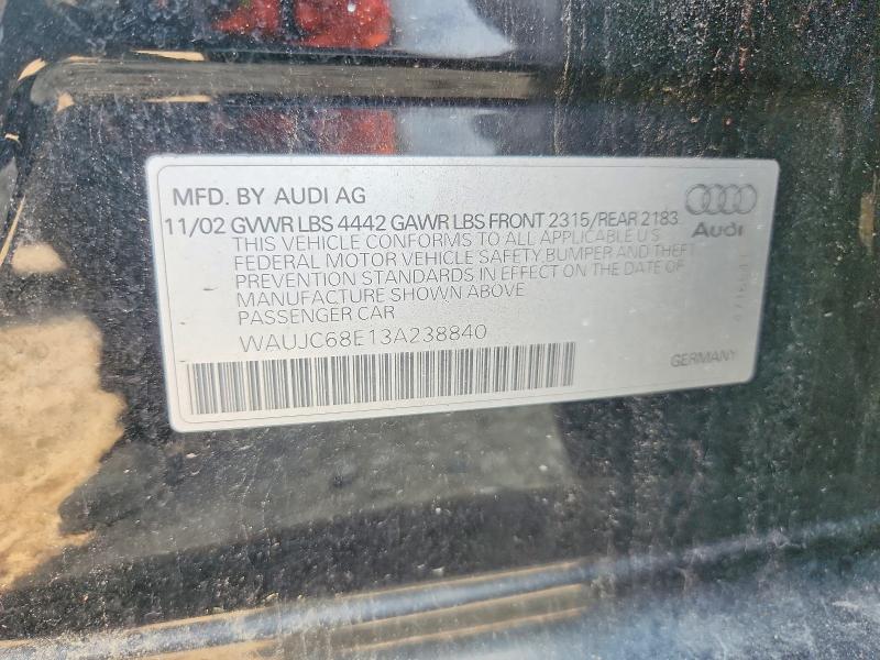 2003 Audi A4 მანქანა იყიდება აუქციონზე, vin: WAUJC68E13A238840, აუქციონის ნომერი: 59675226