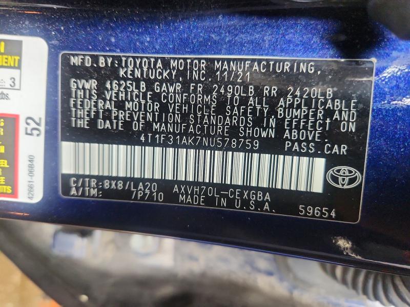 Aukcja sprzedaży 2022 Toyota Camry, vin: 4T1F31AK7NU578759, numer aukcji: 62792116