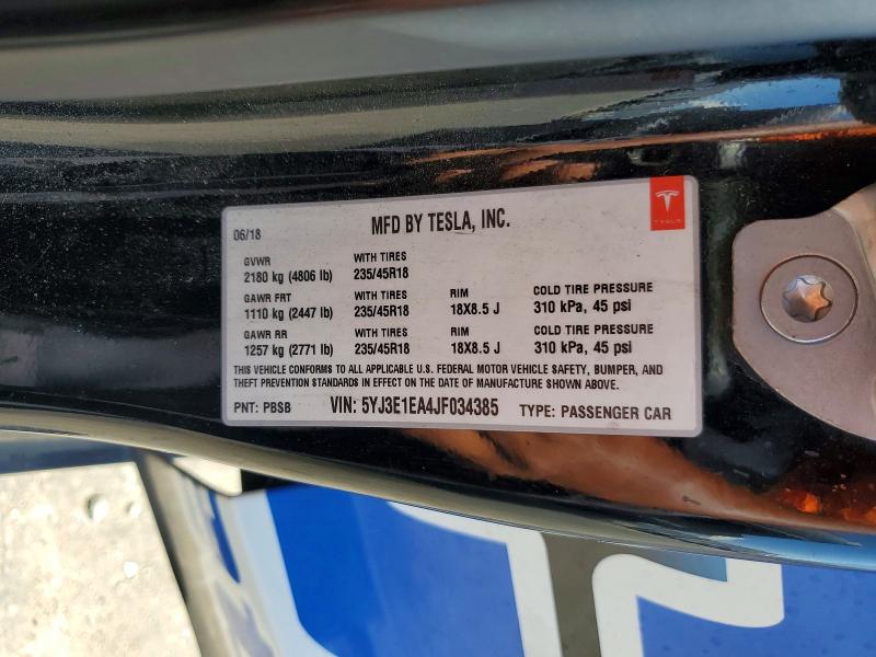 63427166 :رقم المزاد ، 5YJ3E1EA4JF034385 vin ، 2018 Tesla Model 3 مزاد بيع