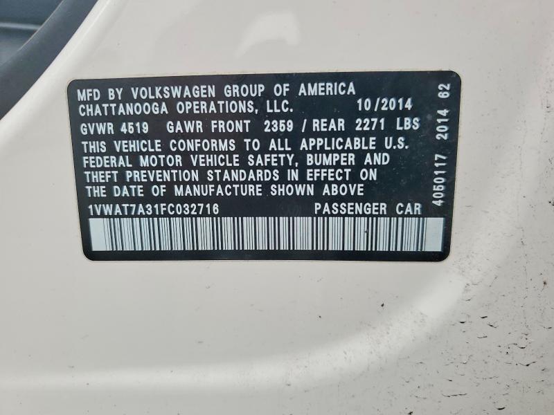 Продаж на аукціоні авто 2015 Volkswagen Passat, vin: 1VWAT7A31FC032716, номер лоту: 61115716