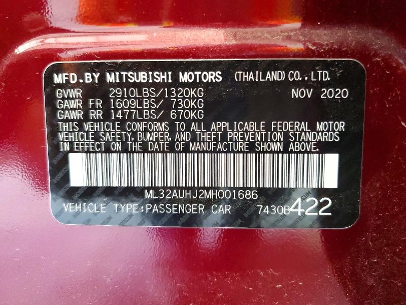 Aukcja sprzedaży 2021 Mitsubishi Mirage, vin: ML32AUHJ2MH001686, numer aukcji: 60898796