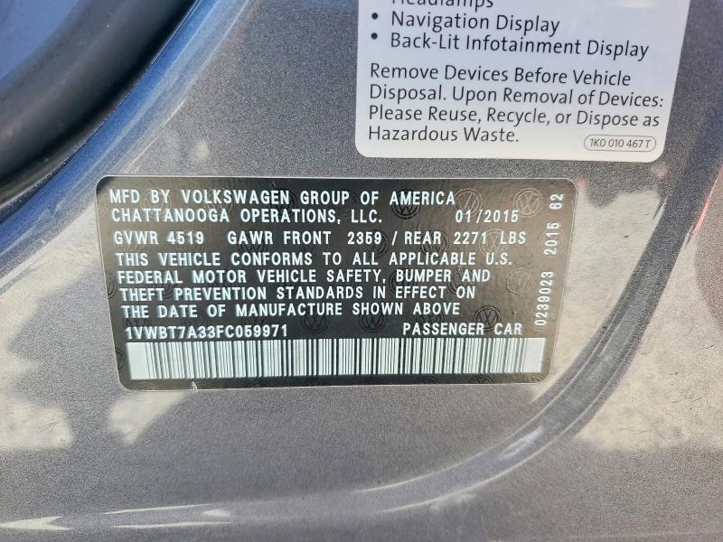 Продажа на аукционе авто 2015 Volkswagen Passat, vin: 1VWBT7A33FC059971, номер лота: 60312376