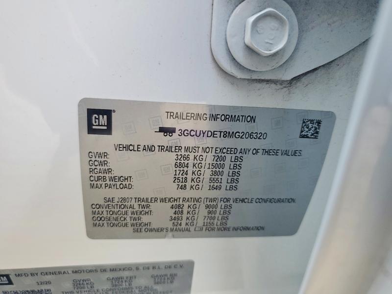 Auction sale of the 2021 Chevrolet Silverado, vin: 3GCUYDET8MG206320, lot number: 62893026