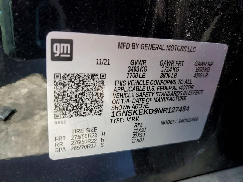 Aukcja sprzedaży 2022 Chevrolet Suburban, vin: 1GNSKEKD9NR127484, numer aukcji: 60867916