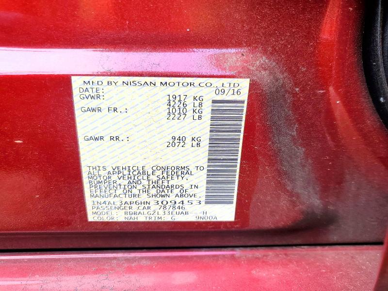 Продаж на аукціоні авто 2017 Nissan Altima 2.5, vin: 1N4AL3AP6HN309453, номер лоту: 59600496