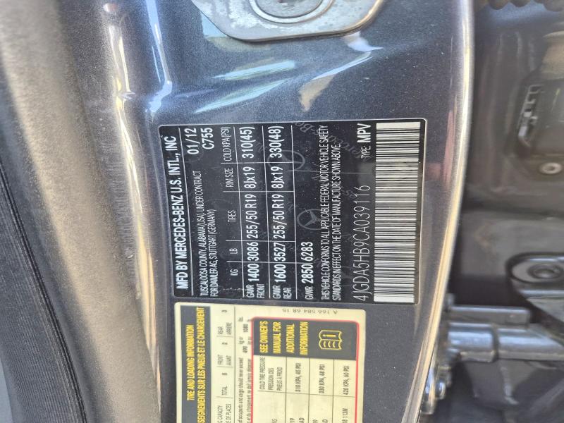 Aukcja sprzedaży 2012 Mercedes-benz Ml, vin: 4JGDA5HB9CA039116, numer aukcji: 62028676