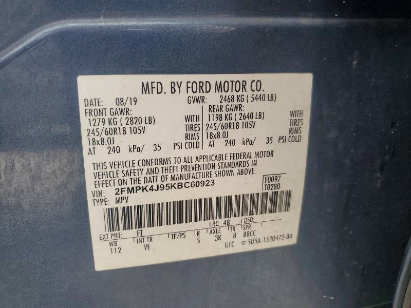 61509066 :رقم المزاد ، 2FMPK4J95KBC60923 vin ، 2019 Ford Edge مزاد بيع