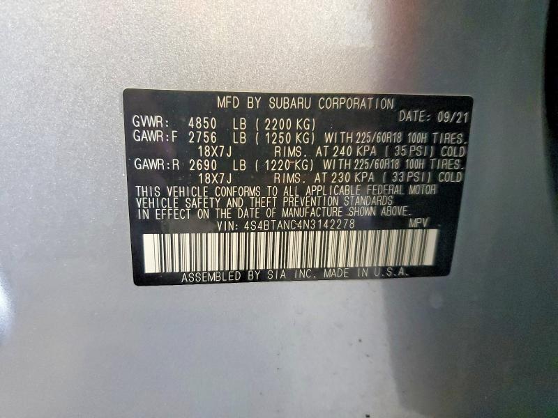2022 Subaru Outback მანქანა იყიდება აუქციონზე, vin: 4S4BTANC4N3142278, აუქციონის ნომერი: 59773536