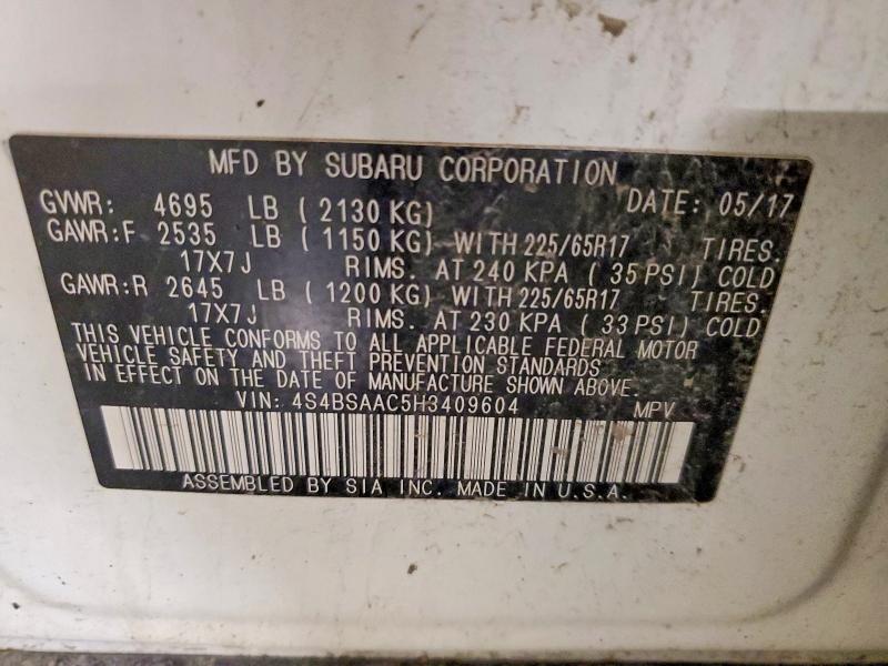 61391046 :رقم المزاد ، 4S4BSAAC5H3409604 vin ، 2017 Subaru Outback مزاد بيع