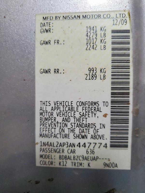 2010 Nissan Altima მანქანა იყიდება აუქციონზე, vin: 1N4AL2AP3AN447774, აუქციონის ნომერი: 61486576