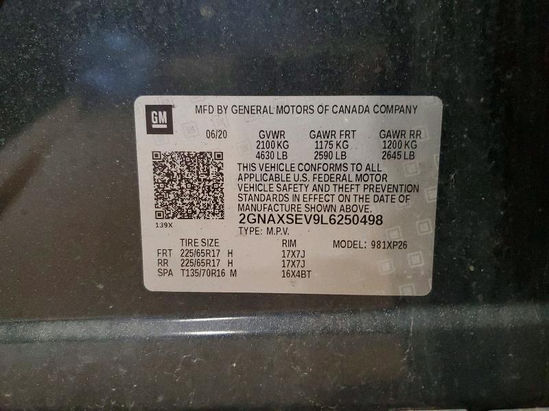 2020 Chevrolet Equinox მანქანა იყიდება აუქციონზე, vin: 2GNAXSEV9L6250498, აუქციონის ნომერი: 59805896