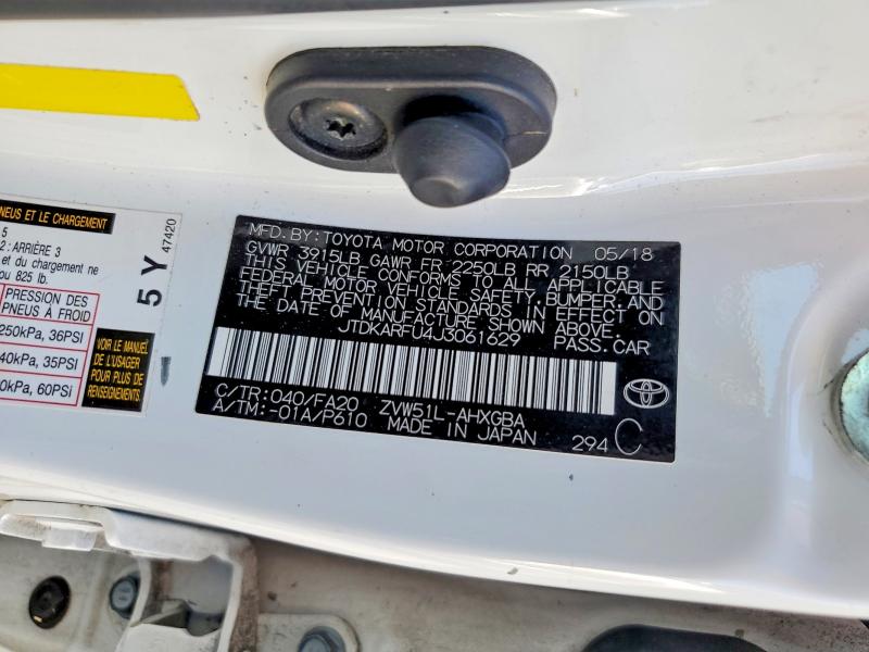 Продаж на аукціоні авто 2018 Toyota Prius, vin: JTDKARFU4J3061629, номер лоту: 60813166