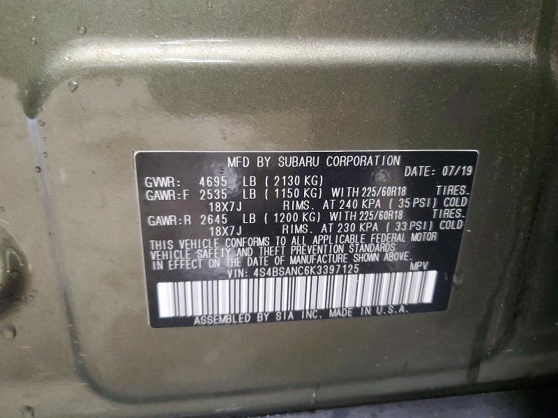 61976256 :رقم المزاد ، 4S4BSANC6K3397125 vin ، 2019 Subaru Outback مزاد بيع