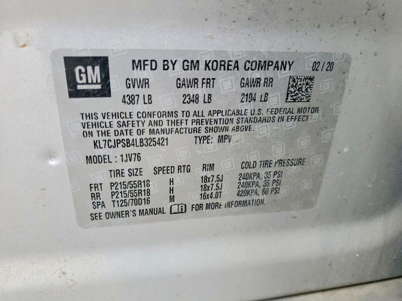 Auction sale of the 2020 Chevrolet Trax, vin: KL7CJPSB4LB325421, lot number: 85631285