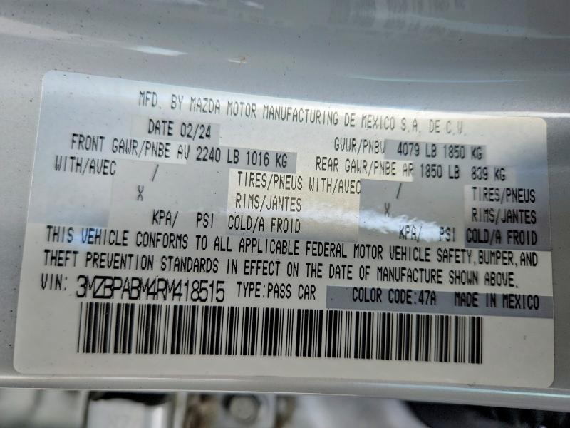 2024 Mazda 3 მანქანა იყიდება აუქციონზე, vin: 3MZBPABM4RM418515, აუქციონის ნომერი: 61769586