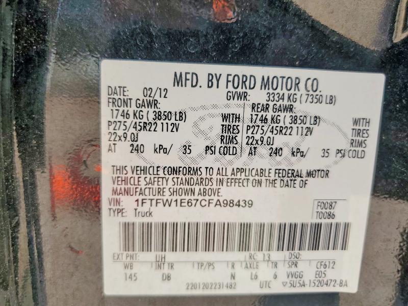 2012 Ford F150 მანქანა იყიდება აუქციონზე, vin: 1FTFW1E67CFA98439, აუქციონის ნომერი: 59259346