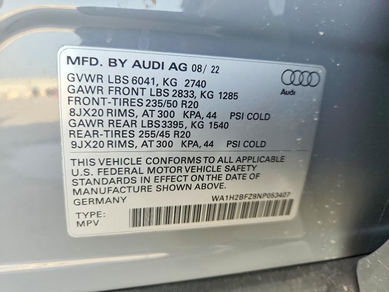 62694426 :رقم المزاد ، WA1H2BFZ8NP053407 vin ، 2022 Audi Q4 E-tron مزاد بيع