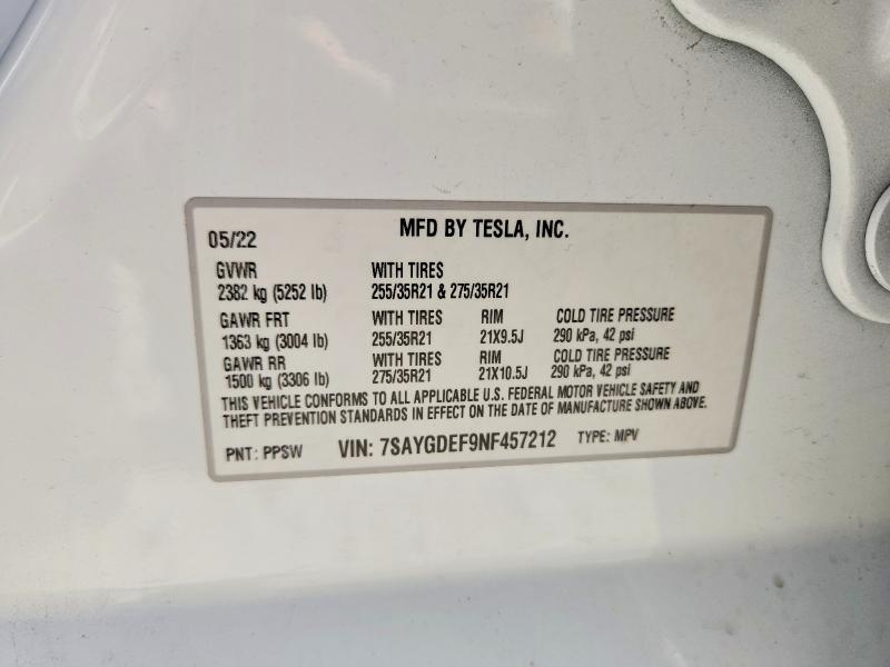 2022 Tesla Model Y მანქანა იყიდება აუქციონზე, vin: 7SAYGDEF9NF457212, აუქციონის ნომერი: 60325076