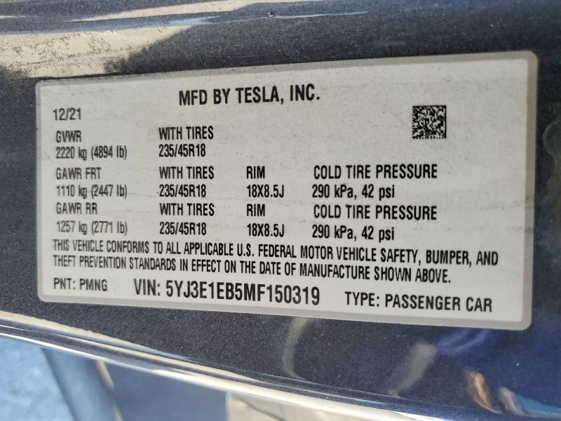 Продаж на аукціоні авто 2021 Tesla Model 3, vin: 5YJ3E1EB5MF150319, номер лоту: 59677926