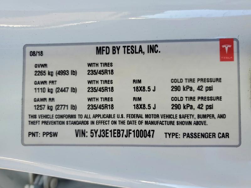 Продаж на аукціоні авто 2018 Tesla Model 3, vin: 5YJ3E1EB7JF100047, номер лоту: 60475116