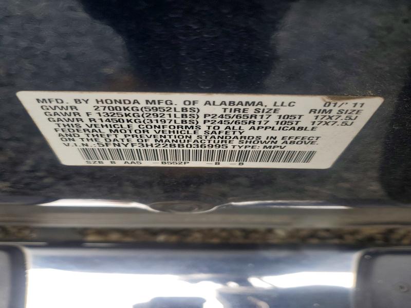 Продажа на аукционе авто 2011 Honda Pilot, vin: 5FNYF3H22BB036995, номер лота: 62416076