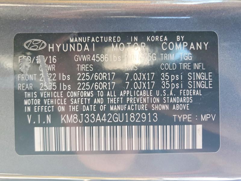 2016 Hyundai Tucson მანქანა იყიდება აუქციონზე, vin: KM8J33A42GU182913, აუქციონის ნომერი: 61189506