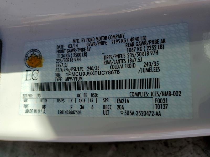Продажа на аукционе авто 2014 Ford Escape, vin: 1FMCU9J9XEUC78676, номер лота: 60180696