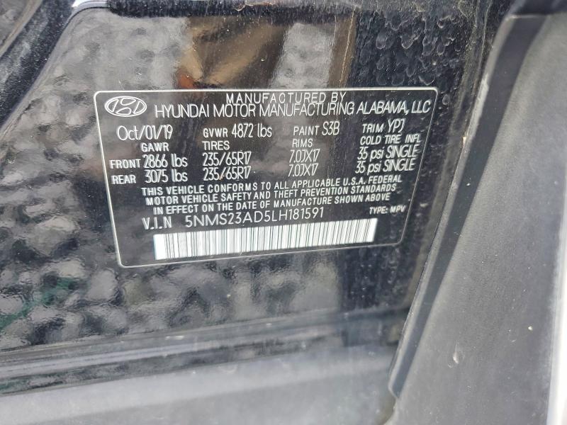 2020 Hyundai Santa Fe მანქანა იყიდება აუქციონზე, vin: 5NMS23AD5LH181591, აუქციონის ნომერი: 59877876