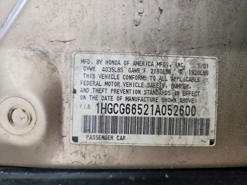 60380506 :رقم المزاد ، 1HGCG66521A052600 vin ، 2001 Honda Accord مزاد بيع