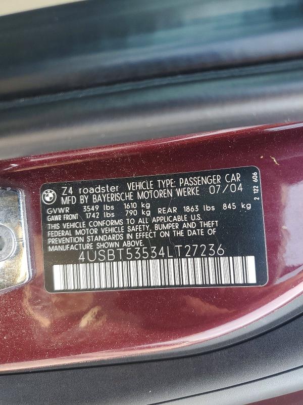 Продажа на аукционе авто 2004 Bmw Z4, vin: 4USBT53534LT27236, номер лота: 63563936