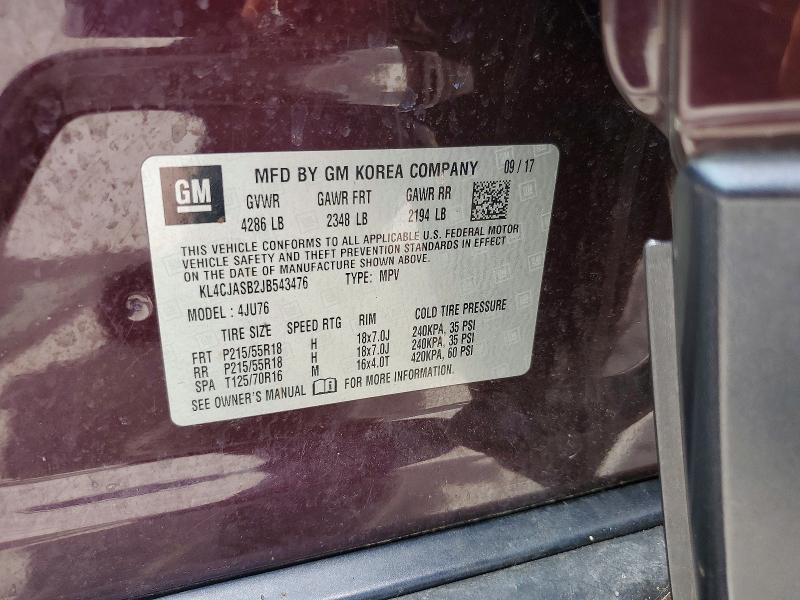 60929926 :رقم المزاد ، KL4CJASB2JB543476 vin ، 2018 Buick Encore مزاد بيع