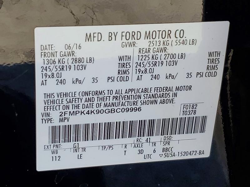 62007986 :رقم المزاد ، 2FMPK4K90GBC09996 vin ، 2016 Ford Edge مزاد بيع