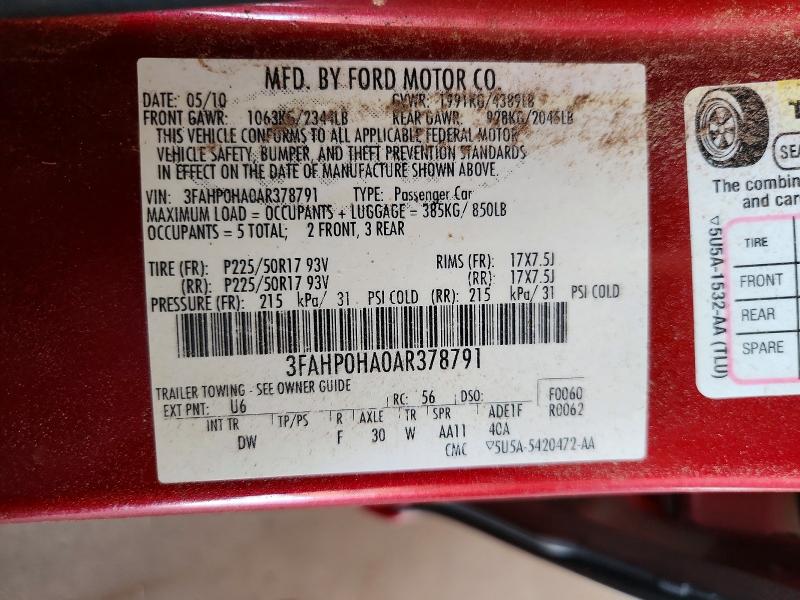 2010 Ford Fusion მანქანა იყიდება აუქციონზე, vin: 3FAHP0HA0AR378791, აუქციონის ნომერი: 59977896