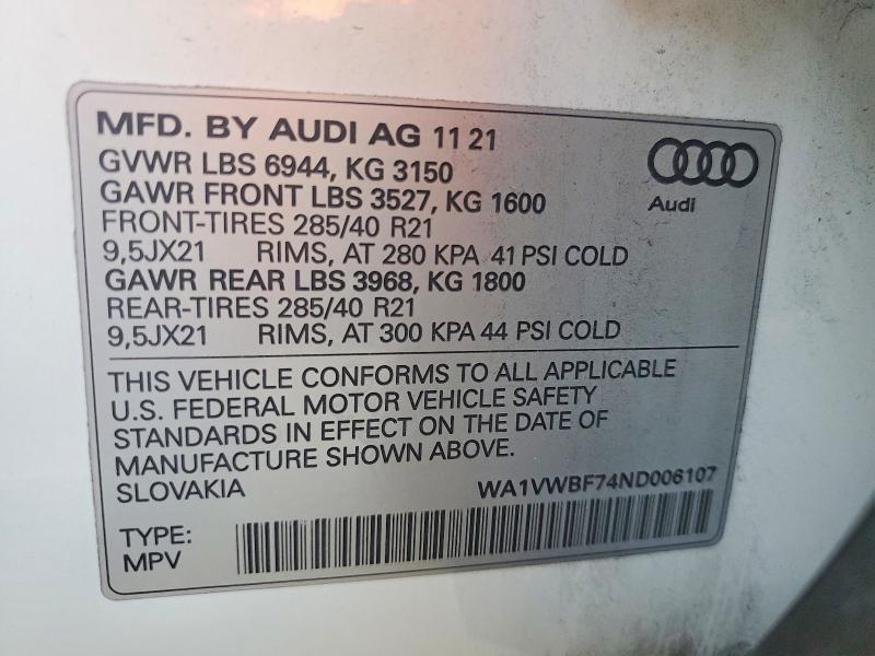 Aukcja sprzedaży 2022 Audi Sq7, vin: WA1VWBF74ND006107, numer aukcji: 61969586