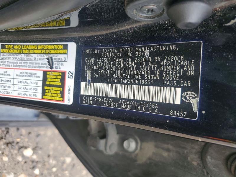 61279656 :رقم المزاد ، 4T1G11AKXNU618651 vin ، 2022 Toyota Camry مزاد بيع