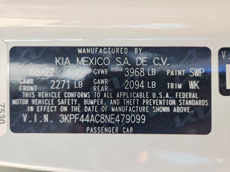 2022 Kia Forte მანქანა იყიდება აუქციონზე, vin: 3KPF44AC8NE479099, აუქციონის ნომერი: 59121526