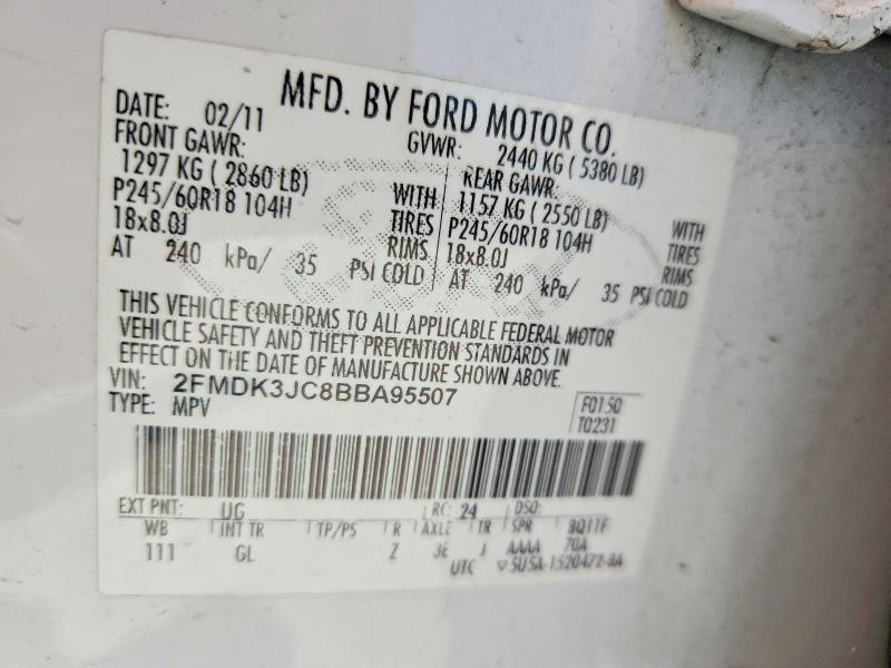 2011 Ford Edge მანქანა იყიდება აუქციონზე, vin: 2FMDK3JC8BBA95507, აუქციონის ნომერი: 62452636