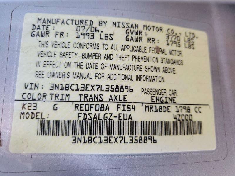 2007 Nissan Versa მანქანა იყიდება აუქციონზე, vin: 3N1BC13EX7L358896, აუქციონის ნომერი: 59964416