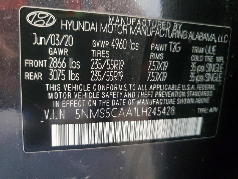 2020 Hyundai Santa Fe მანქანა იყიდება აუქციონზე, vin: 5NMS5CAA1LH245428, აუქციონის ნომერი: 61735146