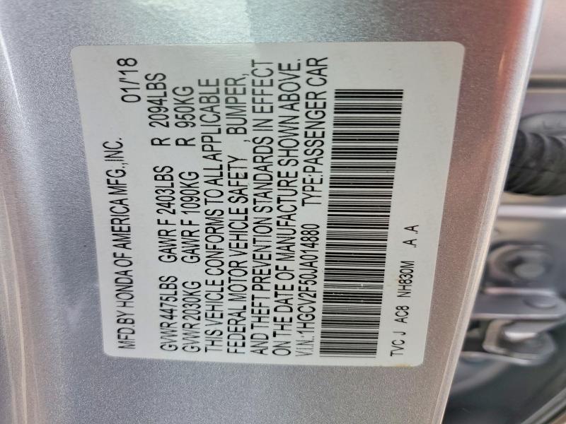 2018 Honda Accord მანქანა იყიდება აუქციონზე, vin: 1HGCV2F50JA014880, აუქციონის ნომერი: 61854516