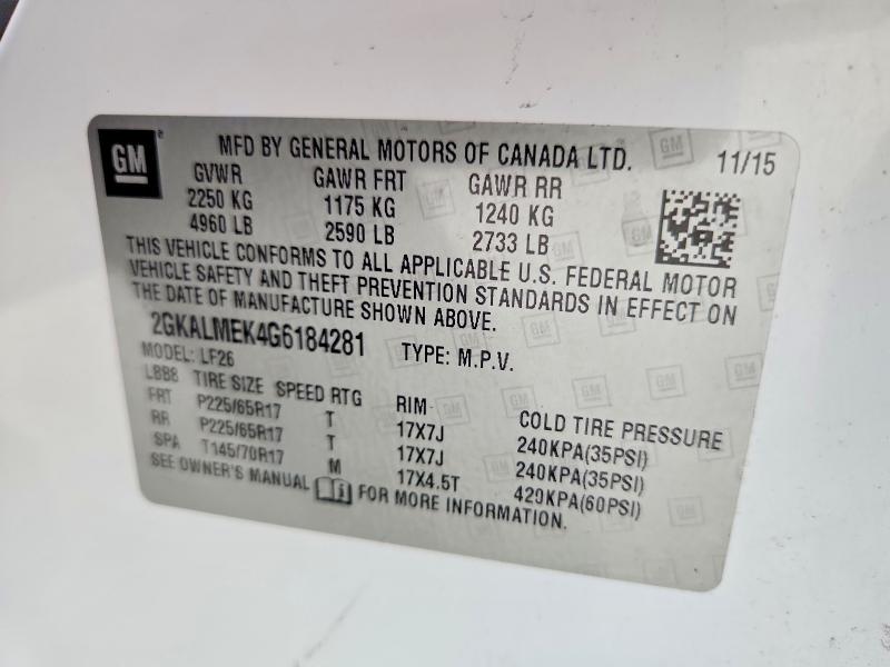 Aukcja sprzedaży 2016 Gmc Terrain, vin: 2GKALMEK4G6184281, numer aukcji: 59306366