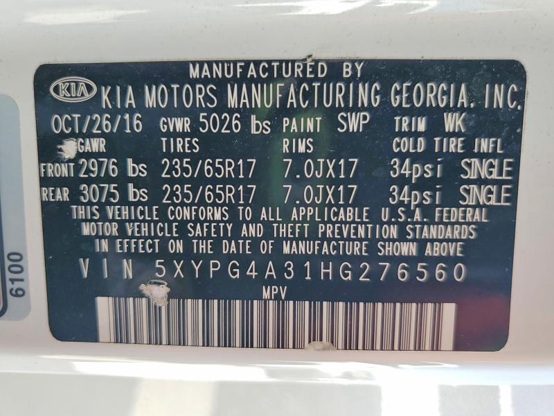 61433526 :رقم المزاد ، 5XYPG4A31HG276560 vin ، 2017 Kia Sorento مزاد بيع
