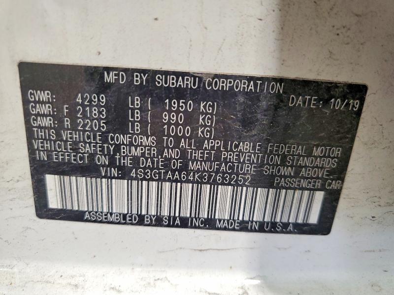 Aukcja sprzedaży 2019 Subaru Impreza, vin: 4S3GTAA64K3763252, numer aukcji: 61528926