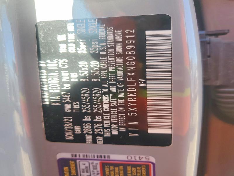 59791986 :رقم المزاد ، 5XYRKDLFXNG089912 vin ، 2022 Kia Sorento مزاد بيع