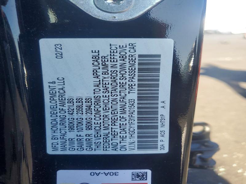 2023 Honda Accord მანქანა იყიდება აუქციონზე, vin: 1HGCY1F31PA015433, აუქციონის ნომერი: 61506976