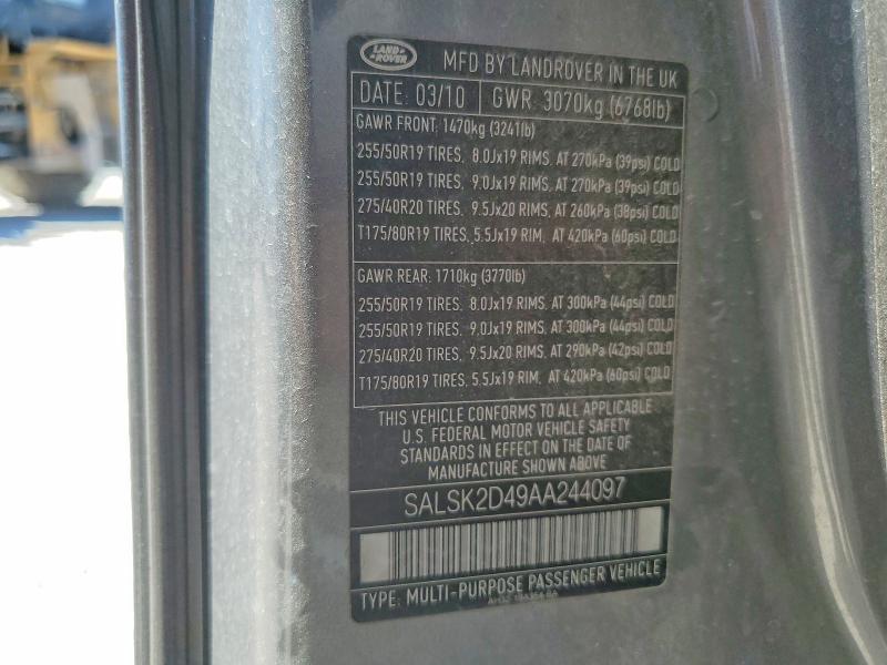 2010 Land Rover Range Rover Sport მანქანა იყიდება აუქციონზე, vin: SALSK2D49AA244097, აუქციონის ნომერი: 62542846